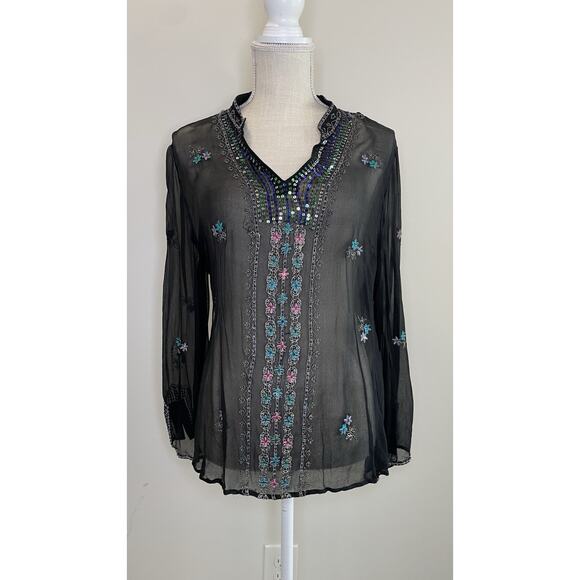 Silkland 100% Silk Black L Embroidered Beaded Sequined Blouse Sheer Rainbow - Picture 1 of 15